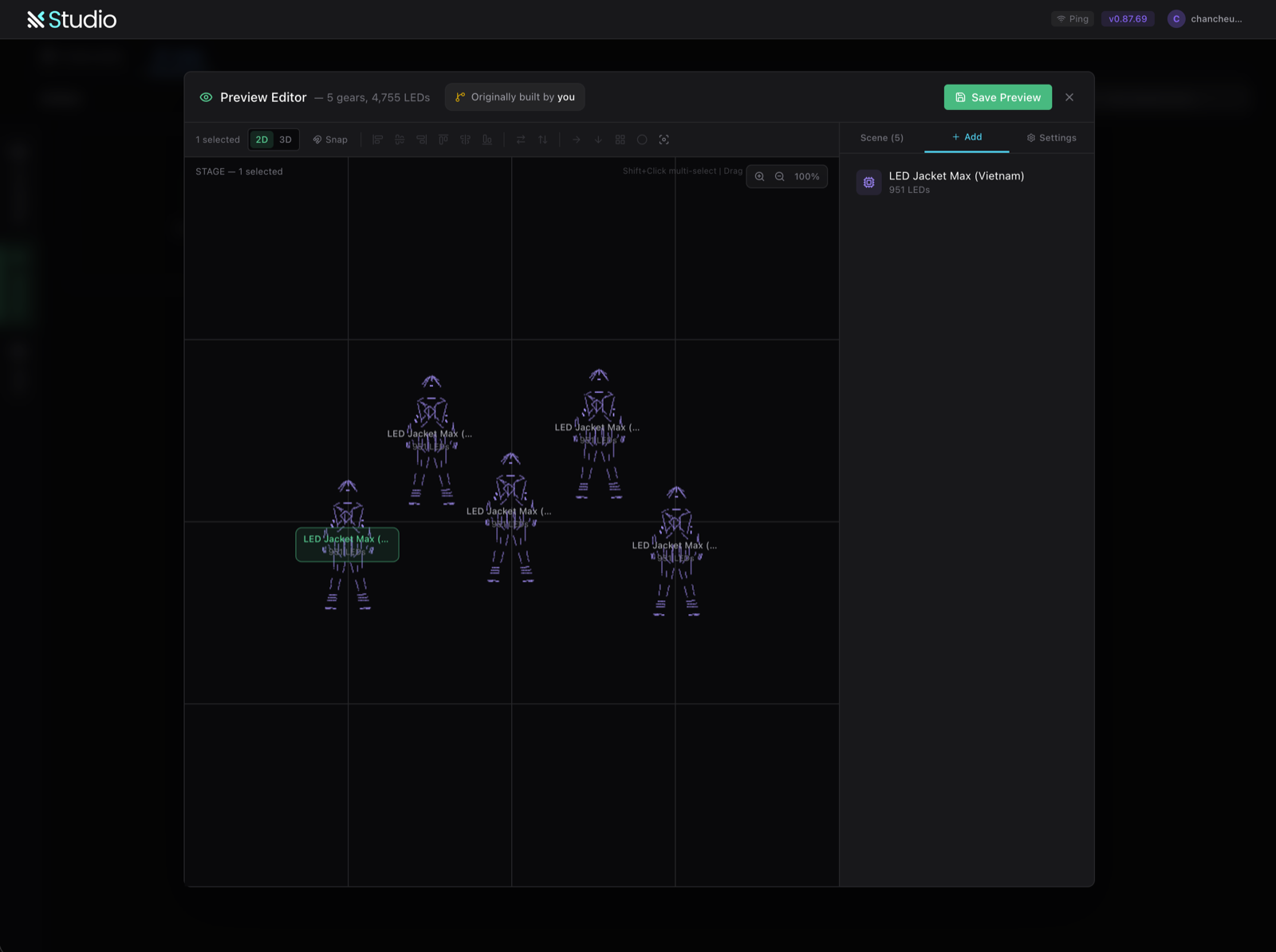 Add multiple LED costumes to the stage in the LDP Studio Preview Editor